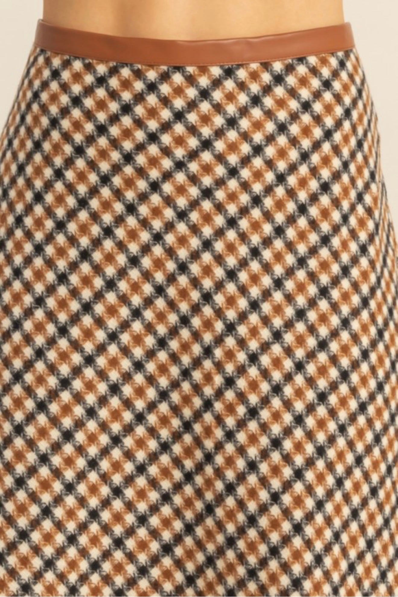 BROWN HOUNDSTOOTH CHECKERED MIDI SKIRT