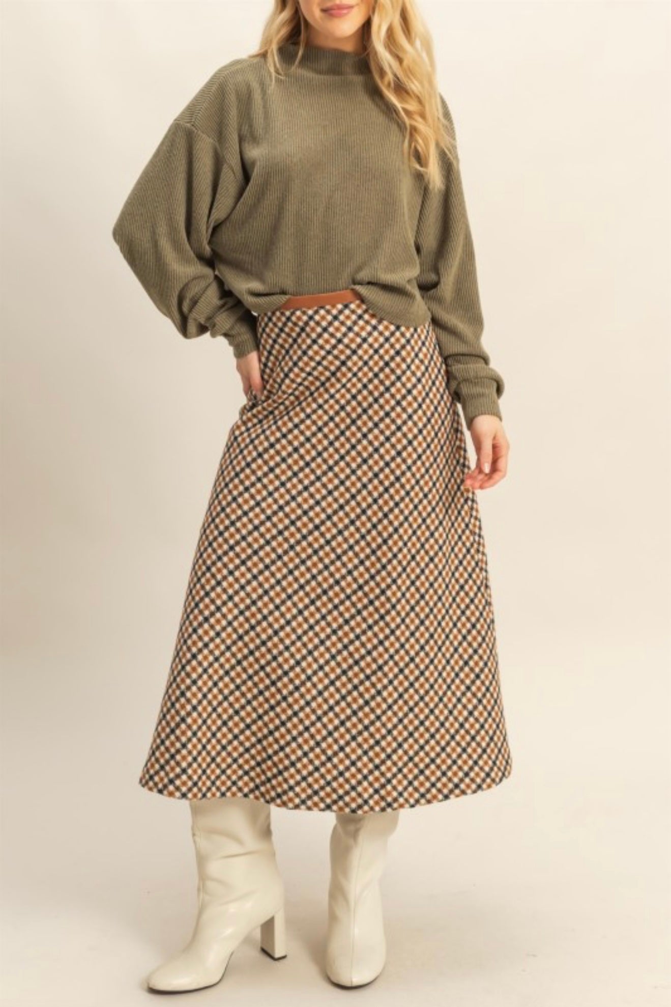 BROWN HOUNDSTOOTH CHECKERED MIDI SKIRT