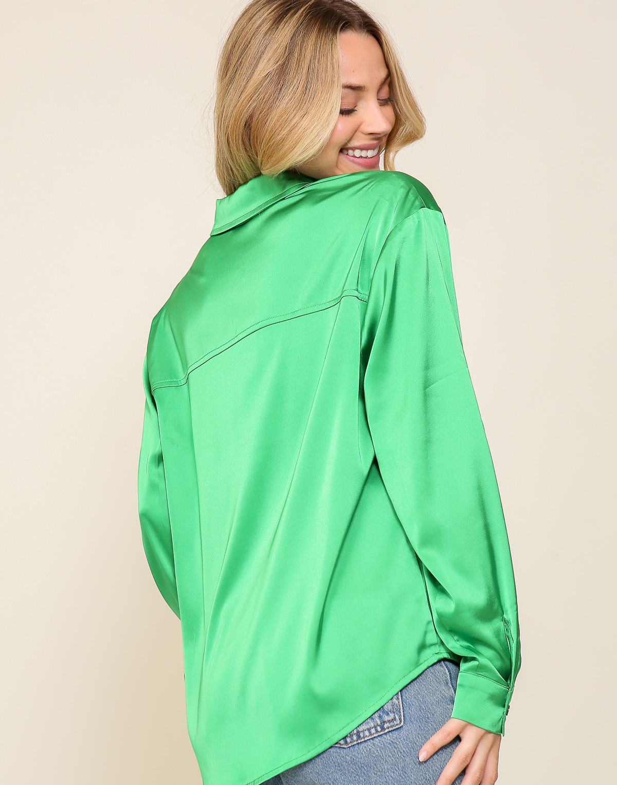 GREEN SATIN BUTTON DOWN BLOUSE