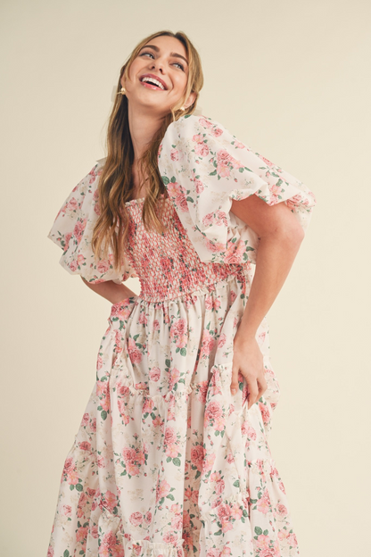 CREAM PINK FLORAL MIDI DRESS