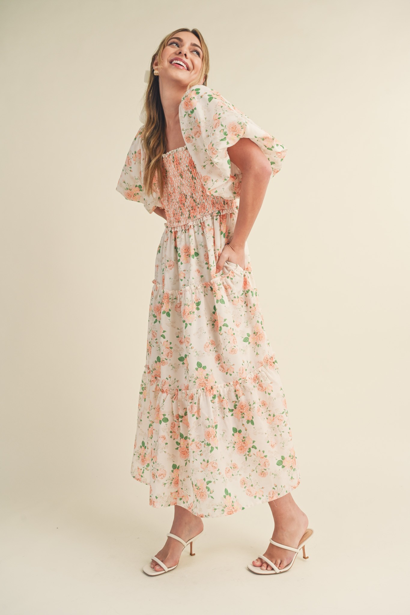 CREAM PINK FLORAL MIDI DRESS