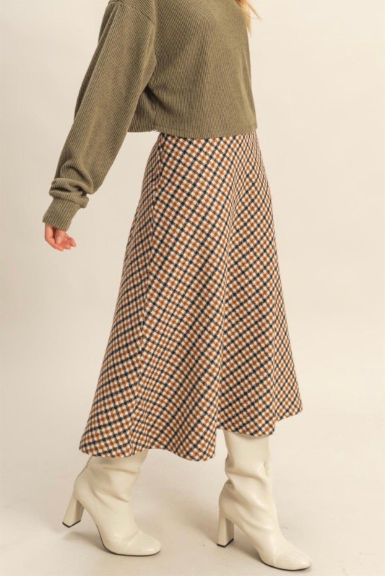 BROWN HOUNDSTOOTH CHECKERED MIDI SKIRT