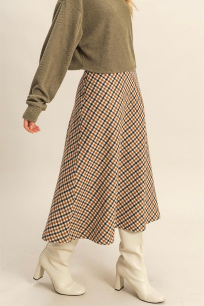 BROWN HOUNDSTOOTH CHECKERED MIDI SKIRT
