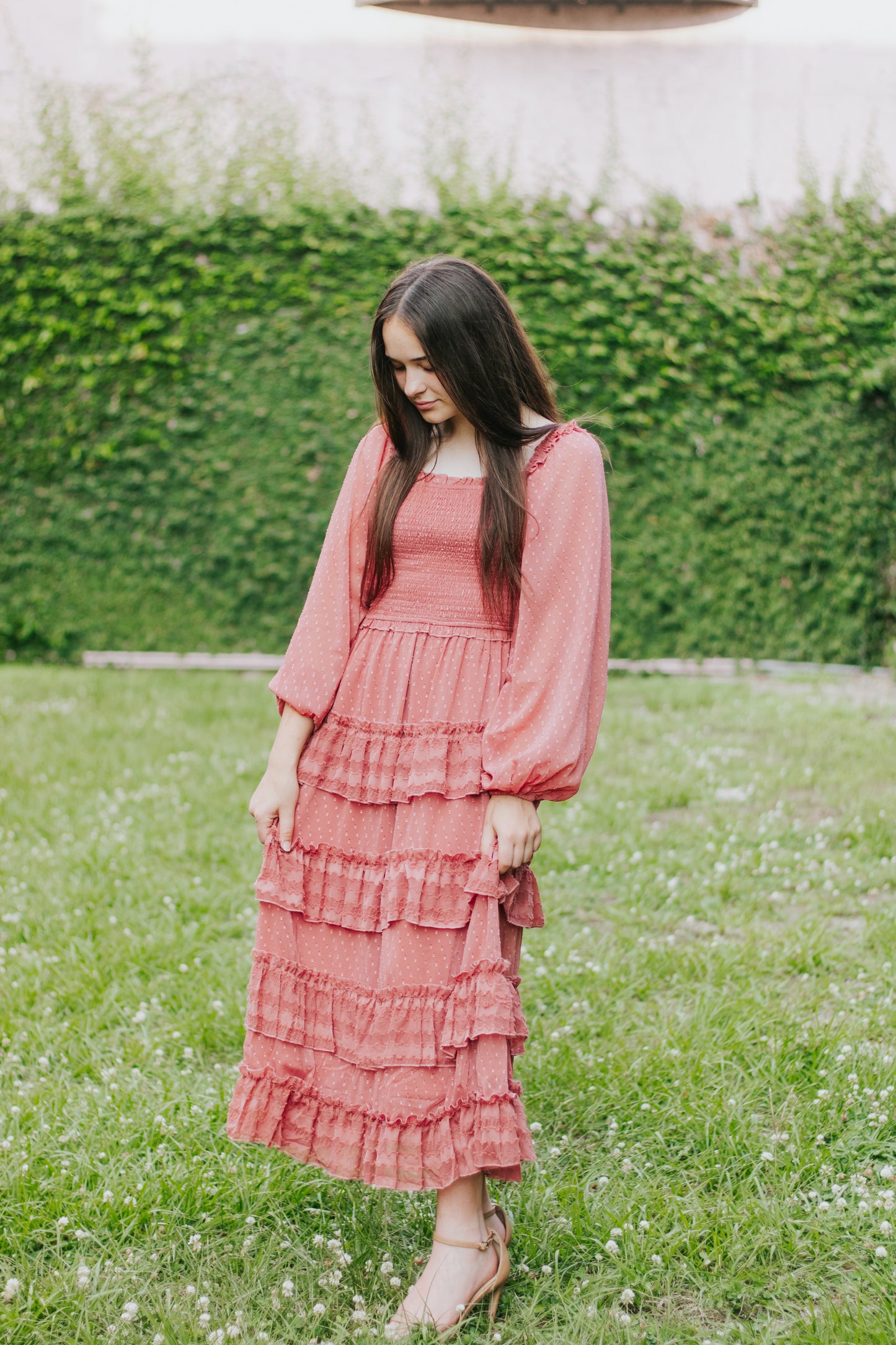 MARSALA LACE RUFFLE MIDI DRESS