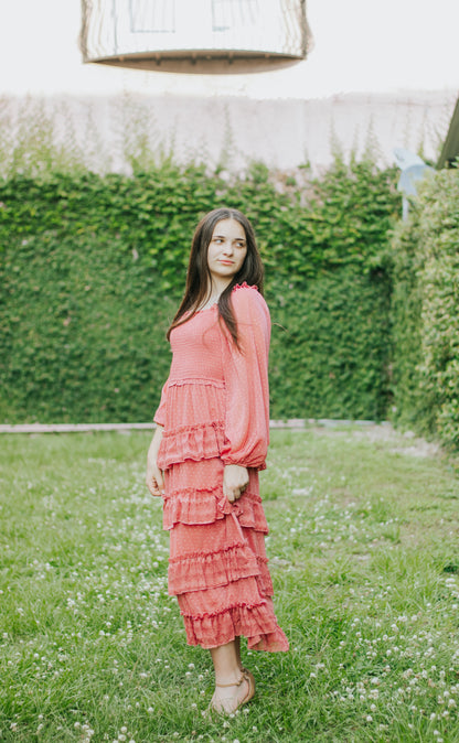 MARSALA LACE RUFFLE MIDI DRESS