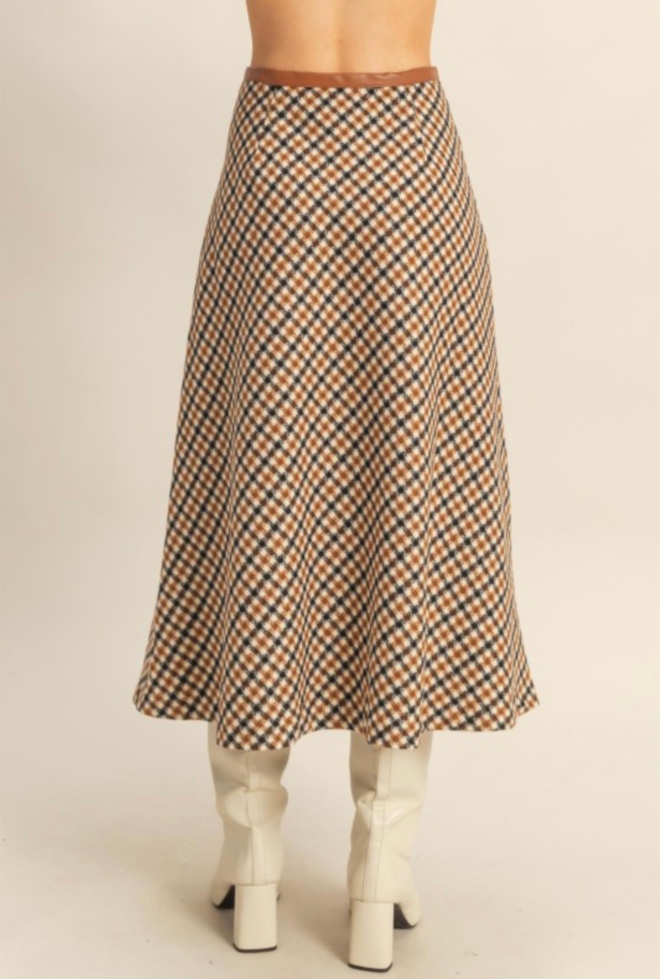 BROWN HOUNDSTOOTH CHECKERED MIDI SKIRT