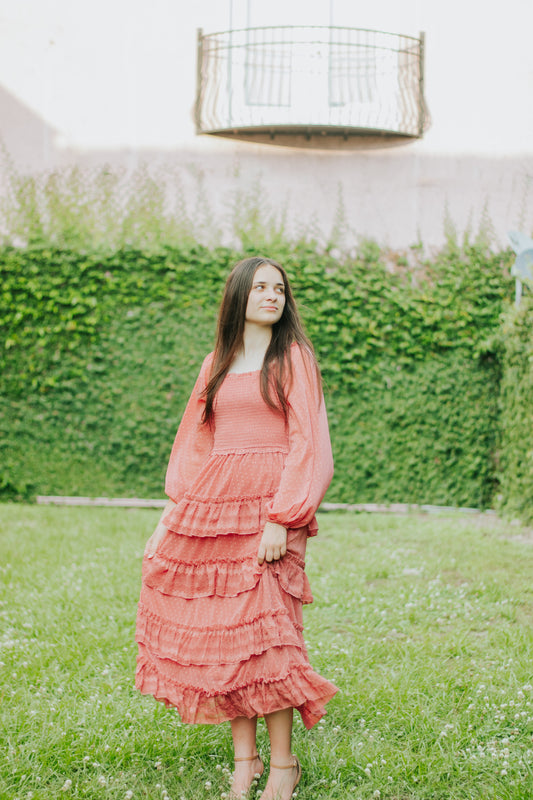 MARSALA LACE RUFFLE MIDI DRESS