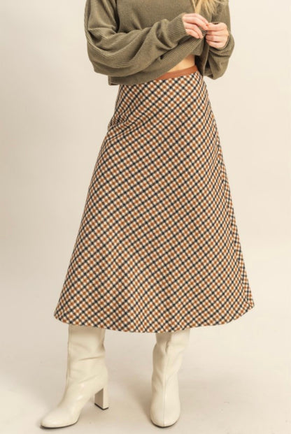 BROWN HOUNDSTOOTH CHECKERED MIDI SKIRT