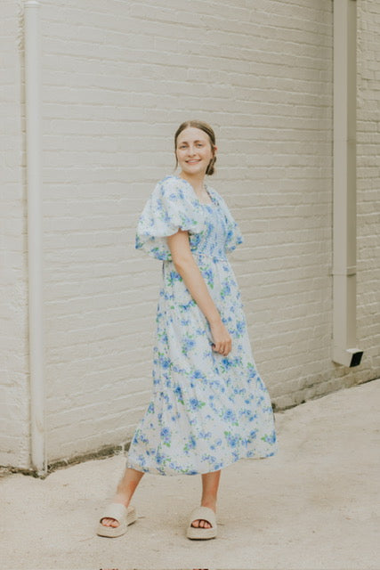 CREAM BLUE FLORAL MIDI DRESS