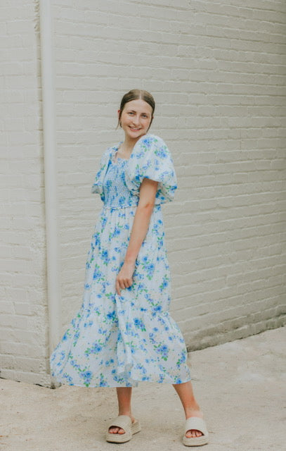 CREAM BLUE FLORAL MIDI DRESS