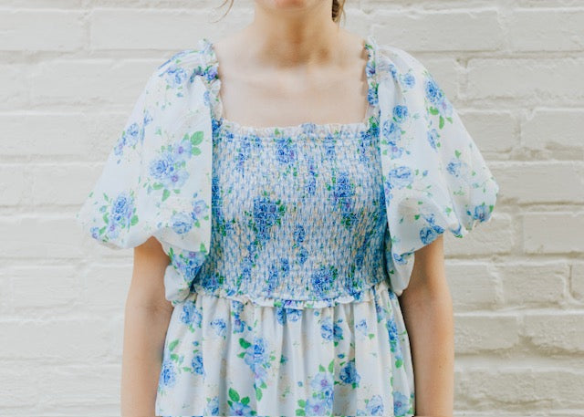 CREAM BLUE FLORAL MIDI DRESS