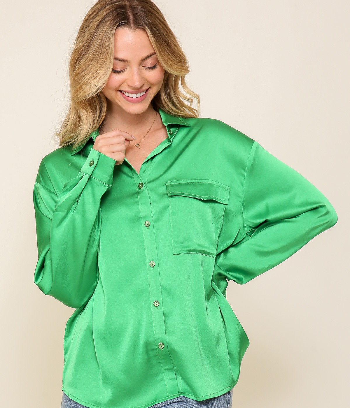 GREEN SATIN BUTTON DOWN BLOUSE