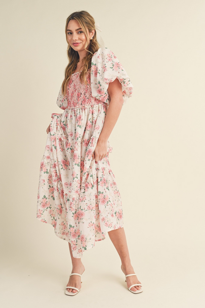 CREAM PINK FLORAL MIDI DRESS